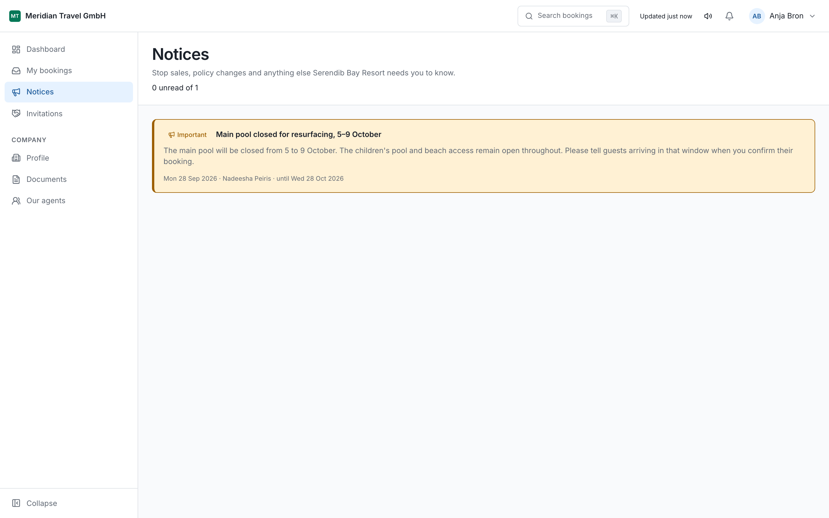 The notices list